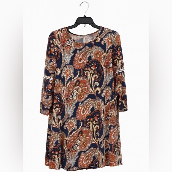 SJS Dresses & Skirts - SJS Women’s Size Small Blue & Orange Paisley Shift Dress Split Sleeves Lace Band